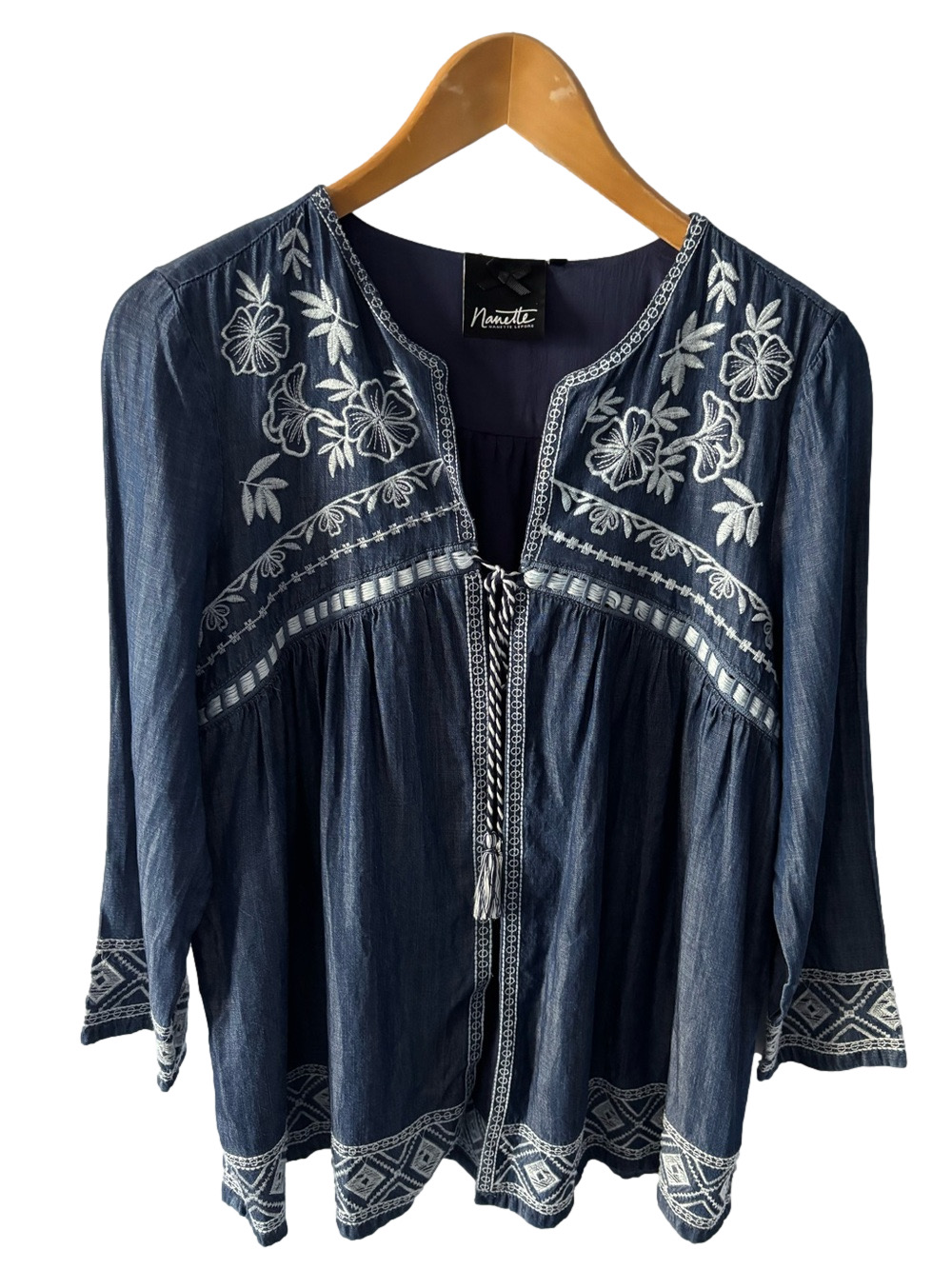 Nanette Lepore Navy White Embroidered Chambray Bohemian Open Tie Front Top XS